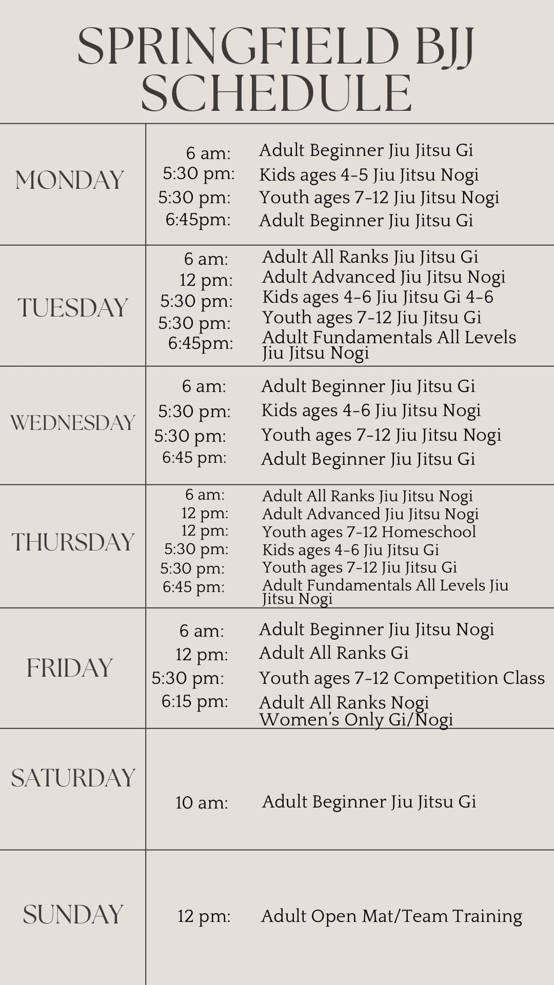 Weekly Schedule of Springfield BJJ